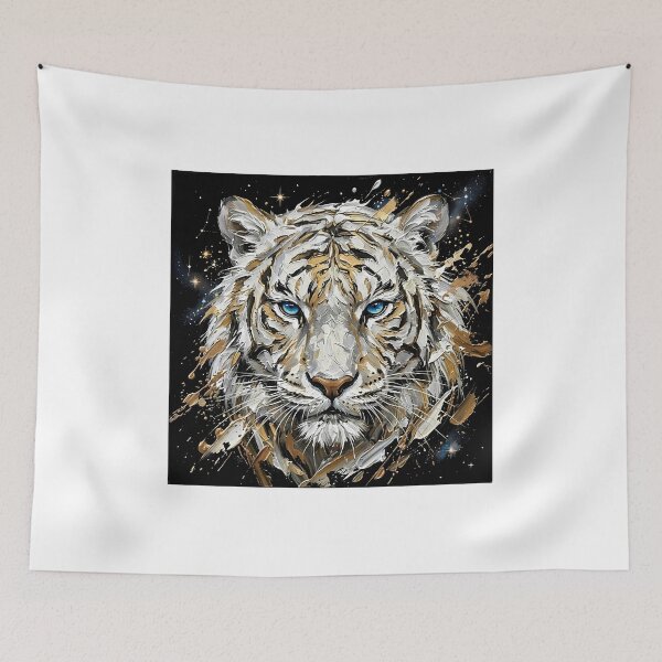 Item preview, Celestial White Tiger Art - Golden Impasto Abstract Painting designed and sold by SupernovaNote.