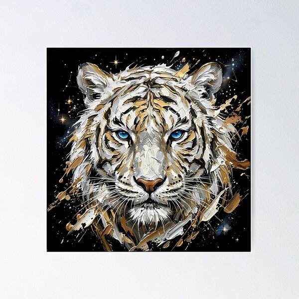 Item preview, Celestial White Tiger Art - Golden Impasto Abstract Painting designed and sold by SupernovaNote.