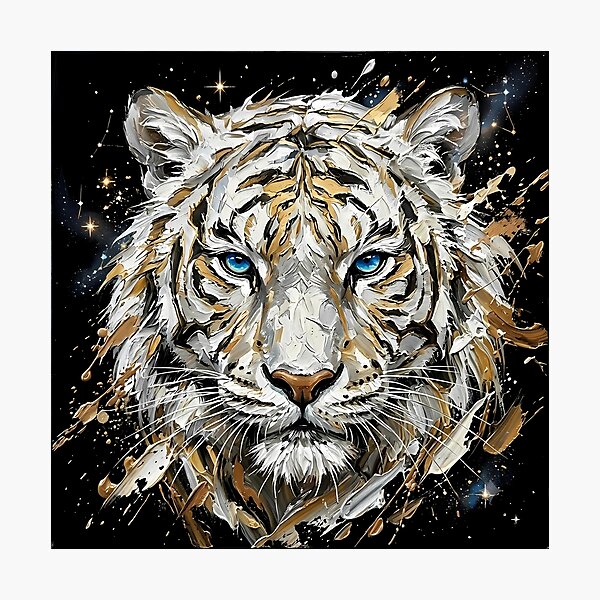 Item preview, Celestial White Tiger Art - Golden Impasto Abstract Painting designed and sold by SupernovaNote.