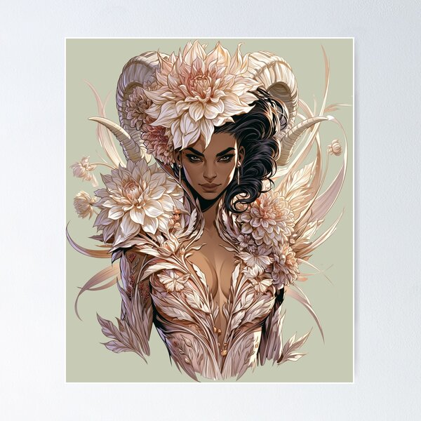 Item preview, Ivory Floral Horned Goddess Fantasy Art designed and sold by MythicMood.