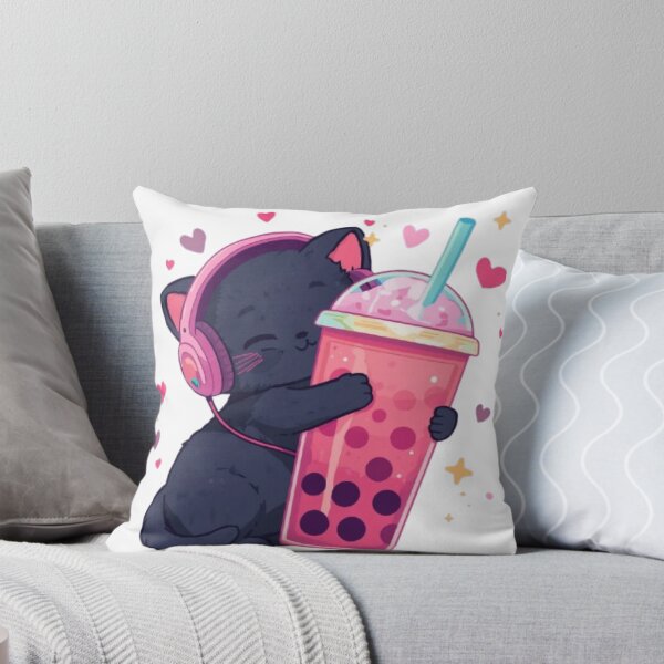 Item preview, Cute Black Gamer Cat Hugging Strawberry Bubble Tea Kawaii Sticker designed and sold by Stylestickers55.