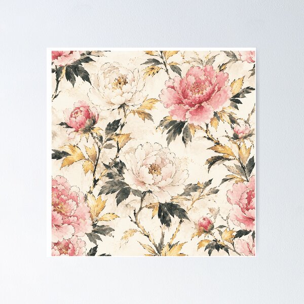 Item preview, Japanese Peony Gold Ink Watercolor Seamless Botanical Pattern designed and sold by Inkworksbyshery.