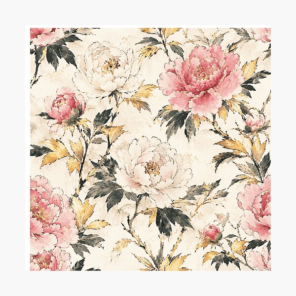 Item preview, Japanese Peony Gold Ink Watercolor Seamless Botanical Pattern designed and sold by Inkworksbyshery.