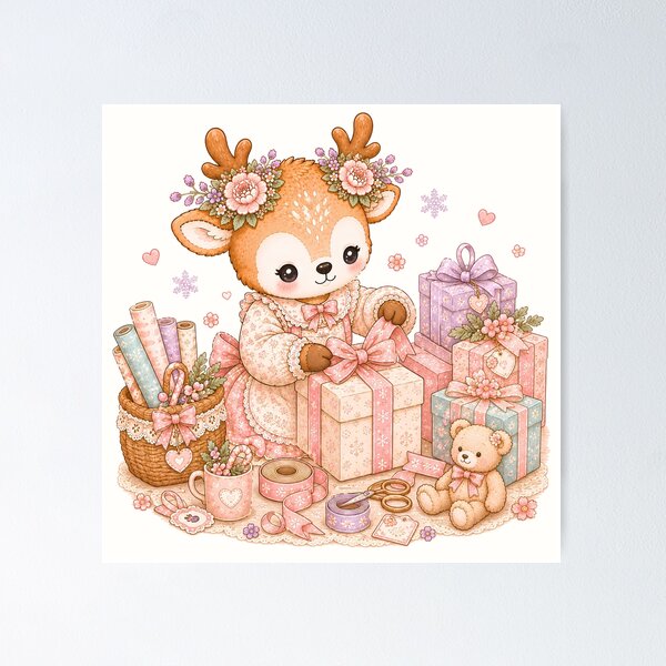 Item preview, Cute Reindeer Wrapping Christmas Gifts | Kawaii Cottagecore Christmas Present Wrapping Pastel Holiday Illustration designed and sold by looplandger.