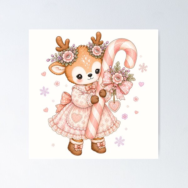 Item preview, Cute Reindeer with Giant Candy Cane | Kawaii Cottagecore Christmas Candy Cane Pastel Holiday Illustration designed and sold by looplandger.