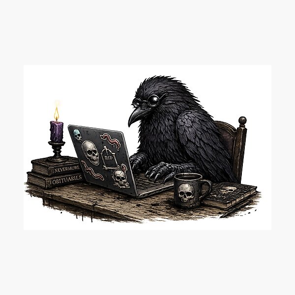 Item preview, Gothic Raven Working from Home on a Laptop designed and sold by Creep-elina.