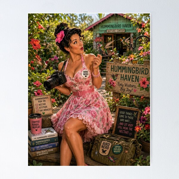Item preview, Bird Nerd Pin-Up: Hummingbird Haven designed and sold by Kimberly Palmer.