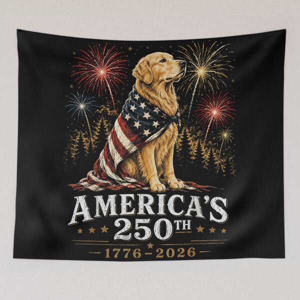 Item preview, Patriotic Golden Retriever Wrapped In American Flag Fireworks America 250th Anniversary designed and sold by Chaya Reid.
