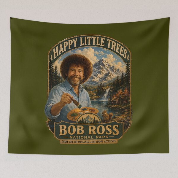 Item preview, Bob Ross National Park – Happy Little Trees Vintage Poster designed and sold by karamram.