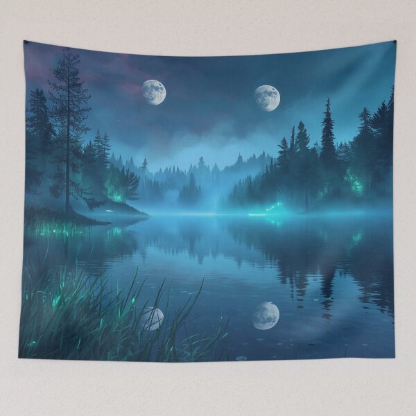 Item preview, Moonlit Bioluminescent Lake Watercolor Forest designed and sold by Luminous Wilds.