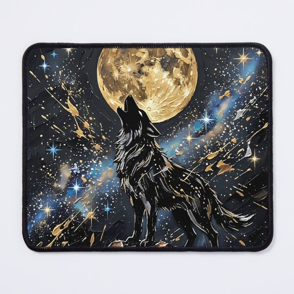 Item preview, Golden Full Moon Wolf Howl - Celestial Impasto Oil Painting Art designed and sold by SupernovaNote.