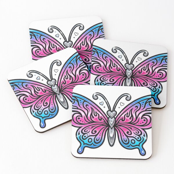 Item preview, Y2K Chrome Butterfly — Hot Pink and Blue Tribal Wings with Hearts Sparkle Art Print Sticker designed and sold by ethnicdigital.