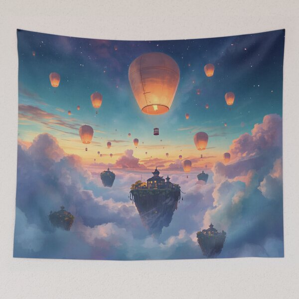 Item preview, Floating Lantern Sky Watercolor Fantasy World Landscape designed and sold by Luminous Wilds.