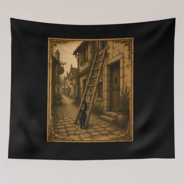Item preview, A black cat walks under a ladder designed and sold by GreenWitchCave.