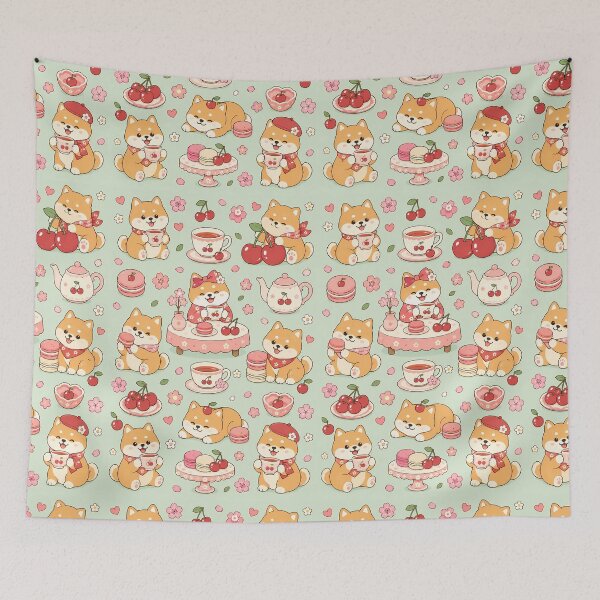 Item preview, Shiba Cherry Tea House Pattern designed and sold by Soft Berry Studio.