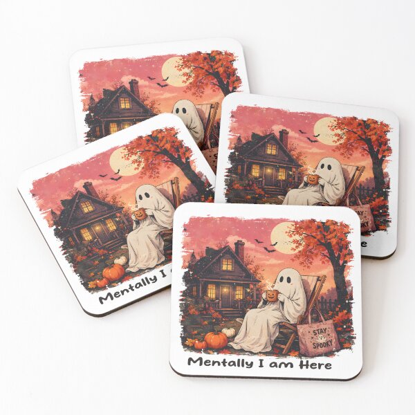 Item preview, Mentally I Am Here – Cozy Ghost Drinking Pumpkin Coffee in a Spooky Autumn Cottage designed and sold by Snifferius.