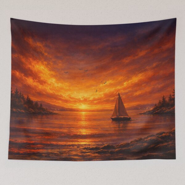 Item preview, Sunset Sailboat Art Print – Orange Purple Nautical Landscape designed and sold by Joey Santiago.
