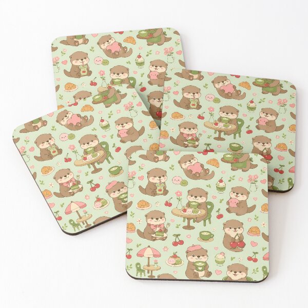 Item preview, Otter Matcha Cherry Coffee Pattern designed and sold by Soft Berry Studio.