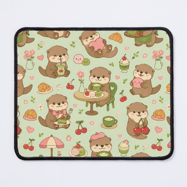 Item preview, Otter Matcha Cherry Coffee Pattern designed and sold by Soft Berry Studio.