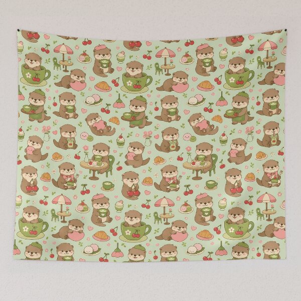 Item preview, Otter Matcha Cherry Coffee Pattern designed and sold by Soft Berry Studio.