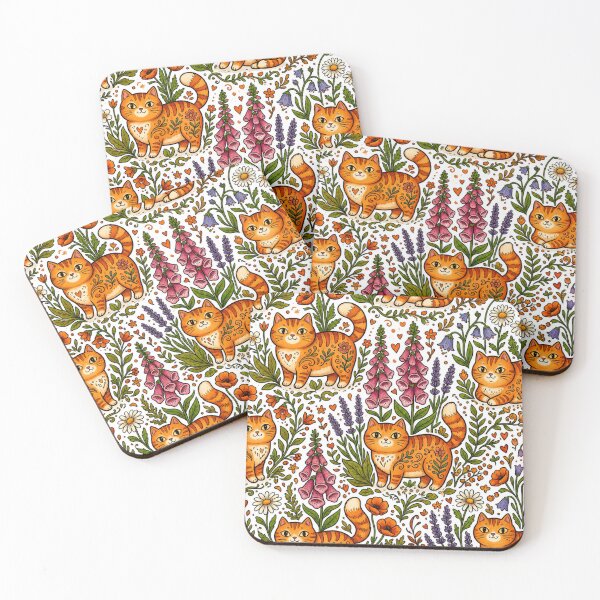 Item preview, Whimsical Orange Cats Wildflower Pattern designed and sold by Iampoji.