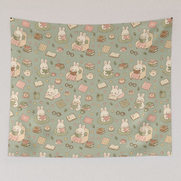 Item preview, Bunny Cozy Reading Kawaii Pattern designed and sold by Soft Berry Studio.