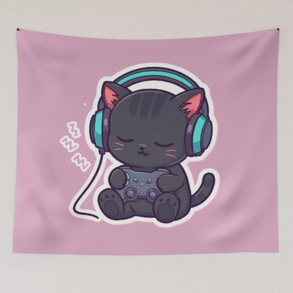 Item preview, Sleepy Gamer Cat with RGB Headphones Kawaii Sticker designed and sold by Stylestickers55.