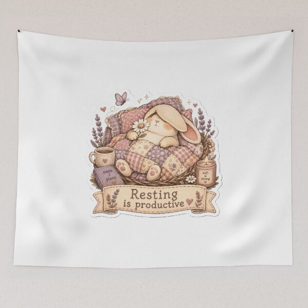 Item preview, Cozy Bunny Resting Under Patchwork Quilt Cottagecore Art designed and sold by Spectre Creates.