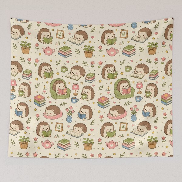 Item preview, Hedgehog Cozy Reading Kawaii Pattern designed and sold by Soft Berry Studio.