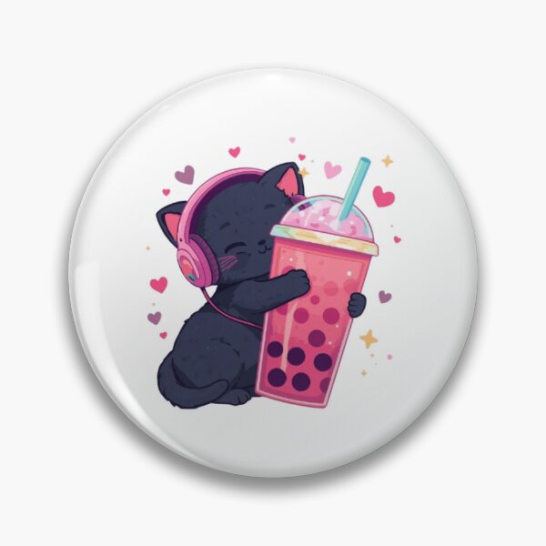 Item preview, Cute Black Gamer Cat Hugging Strawberry Bubble Tea Kawaii Sticker designed and sold by Stylestickers55.