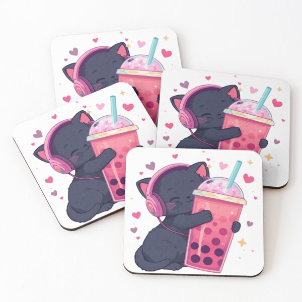Item preview, Cute Black Gamer Cat Hugging Strawberry Bubble Tea Kawaii Sticker designed and sold by Stylestickers55.
