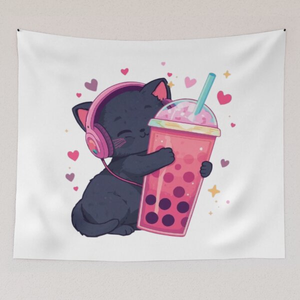 Item preview, Cute Black Gamer Cat Hugging Strawberry Bubble Tea Kawaii Sticker designed and sold by Stylestickers55.