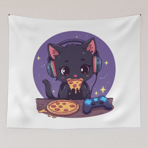 Item preview, Cute Black Gamer Cat Eating Pizza Kawaii Sticker designed and sold by Stylestickers55.