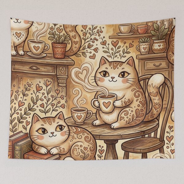 Item preview, Cozy Coffee Cat Cafe Cottagecore Cute Folk Art designed and sold by Iampoji.