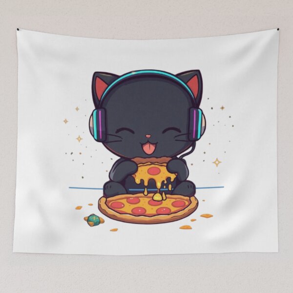 Item preview, Cute Black Gamer Cat Eating Pizza Kawaii Sticker designed and sold by Stylestickers55.