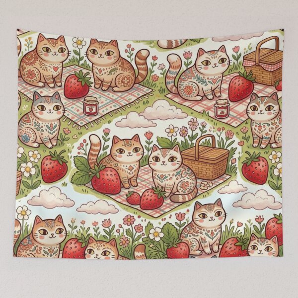 Item preview, Cute Strawberry Picnic Cats Pattern designed and sold by Iampoji.
