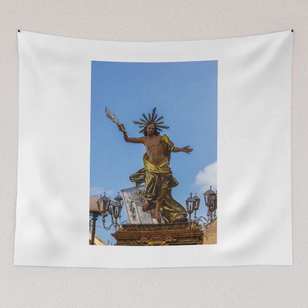 Item preview, Jesus Christ Statue With Golden Robe and Radiant Halo Against Blue Sky, Religious Sculpture of Resurrection designed and sold by Nmallia.