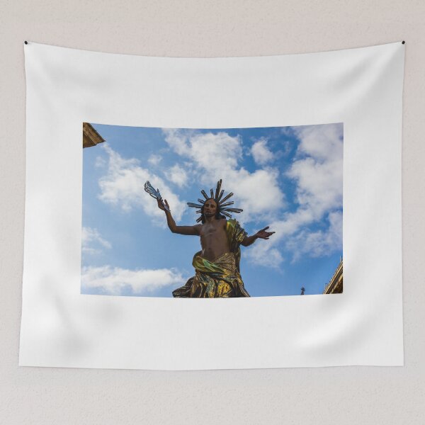 Item preview, Jesus Christ Statue With Golden Robe and Radiant Halo Against Blue Sky, Religious Sculpture of Resurrection designed and sold by Nmallia.