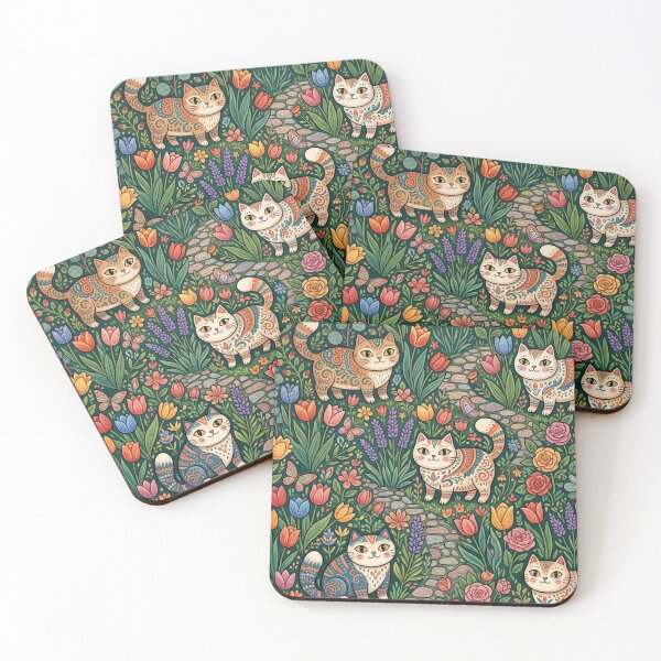 Item preview, Cute Folk Art Cats in Blooming Garden designed and sold by Iampoji.