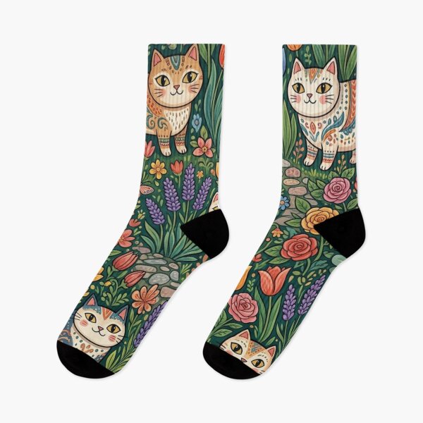 Item preview, Cute Folk Art Cats in Blooming Garden designed and sold by Iampoji.