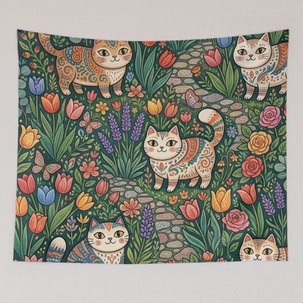 Item preview, Cute Folk Art Cats in Blooming Garden designed and sold by Iampoji.