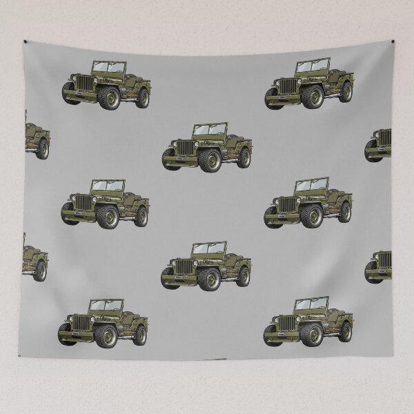 Aperçu de l'œuvre Illustration vintage classique tout-terrain d'une Jeep militaire Willys MB de 1945 créée et vendue par Motorline44.