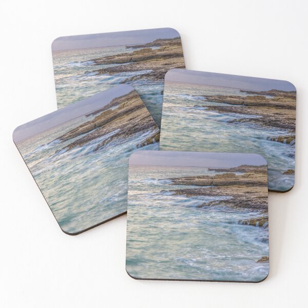 Item preview, Rocky Coastline at Sunset With Gentle Waves and Turquoise Sea Over Layered Limestone designed and sold by Nmallia.