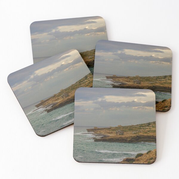 Item preview,  Rocky Coastal Cliffs Overlooking Turquoise Sea Under Moody Cloudy Sky With Old Stone Structures designed and sold by Nmallia.