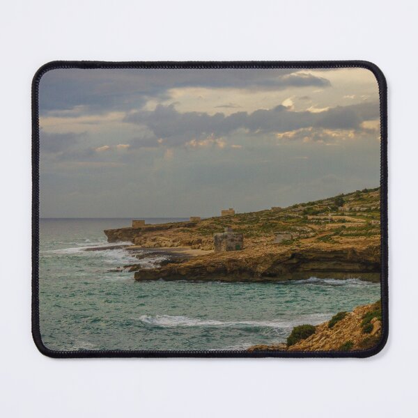 Item preview,  Rocky Coastal Cliffs Overlooking Turquoise Sea Under Moody Cloudy Sky With Old Stone Structures designed and sold by Nmallia.