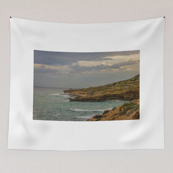 Item preview,  Rocky Coastal Cliffs Overlooking Turquoise Sea Under Moody Cloudy Sky With Old Stone Structures designed and sold by Nmallia.