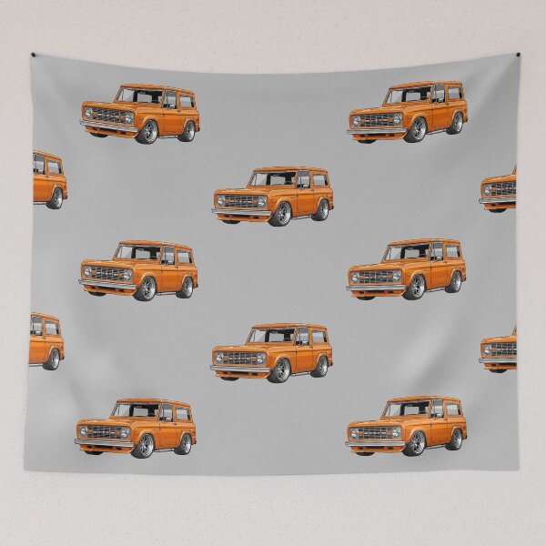 Aperçu de l'œuvre Illustration d'un Ford Bronco orange abaissé de 1965, style vintage créée et vendue par Motorline44.