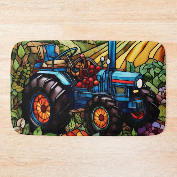 Item preview, Blue Farm Tractor Stained Glass Window Countryside Landscape Art designed and sold by pinkal.