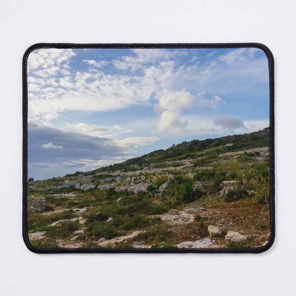 Item preview, Rocky Terraced Hillside With Dry Stone Walls and Coastal Mediterranean Landscape Under Blue Sky designed and sold by Nmallia.