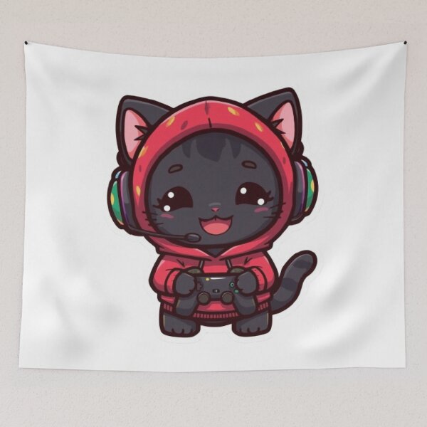 Item preview, Cute Black Gamer Cat in Strawberry Hoodie Kawaii Gaming Sticker designed and sold by Stylestickers55.